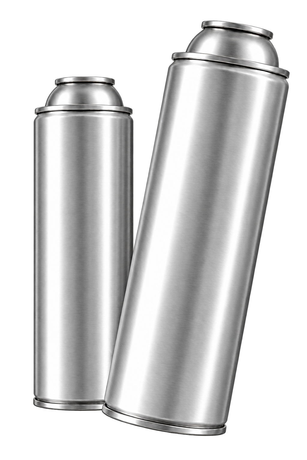 Two unprinted silver aerosol cans showing a blank canvas for custom packaging