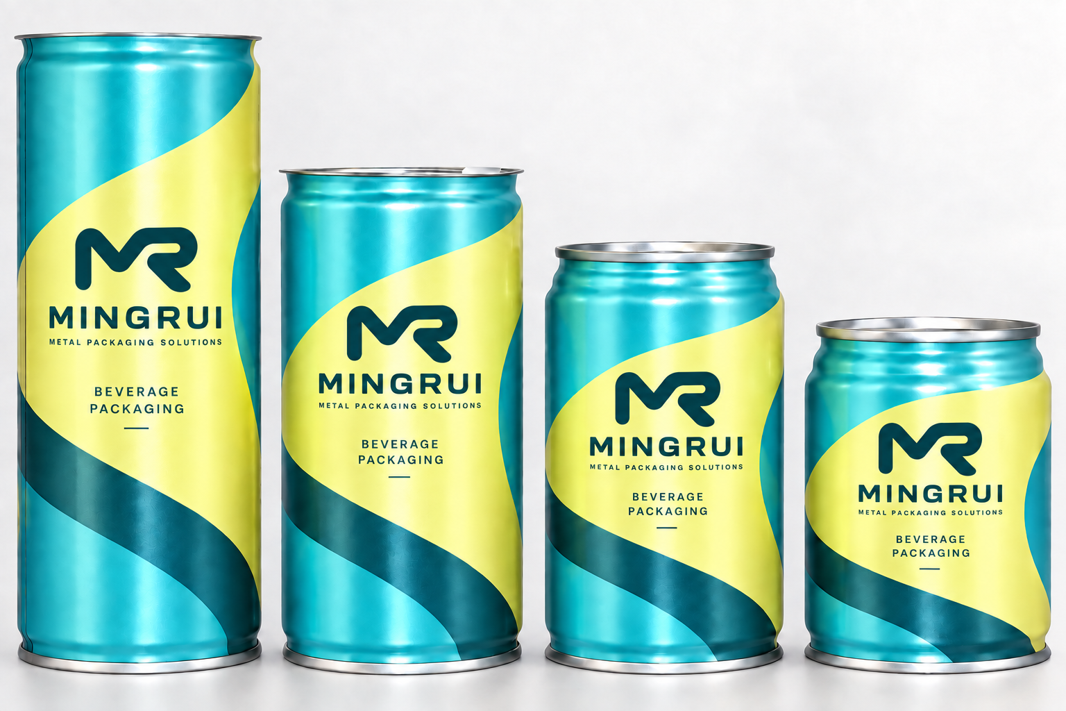 Four MINGRUI beverage packaging concepts in turquoise and lemon yellow